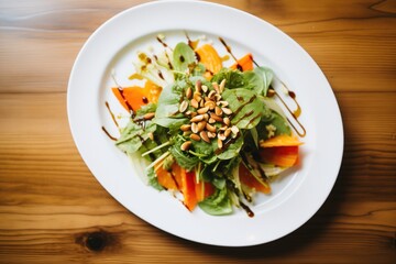 Poster - drizzled vinaigrette over roasted squash, mixed lettuce, pine nuts, shaved carrots