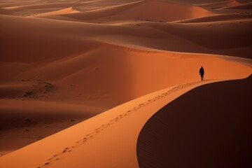 Travelers walk on these arid sand dunes, golden orange like the Sahara desert in Africa