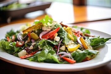 Sticker - mixed greens with roasted veggies, sprinkle of feta, close-up