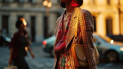 Poster - A woman walking down a street with her purse. Suitable for fashion, urban lifestyle, and city scenes