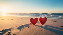 Two Hearts On Beach Sand At Sunset Valentine's Concept