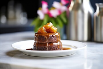 Sticker - a stack of sticky toffee puddings on a modern metal serving plate