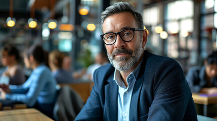 Middle aged business man ceo wearing suit and glasses sitting in open space office and looking at camera. Thoughtful  mature businessman in 50s professional executive manager at work. Copy space.