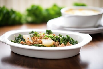 Poster - zuppa toscana with crouton topping, white dish