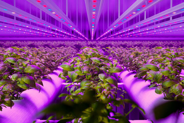 Wall Mural - Lush Green Basil Thriving in Sophisticated Indoor Hydroponic LED Farm