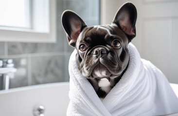 Wall Mural - A French black bulldog wrapped in a terry towel in the bathroom after bathing. Spa, dog hair salon, grooming. A dog taking a shower. Hygienic procedures for dogs