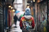 Fototapeta Uliczki - figure in a hood walking through an alley with graffiti walls
