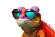 © Delphotostock - Colorful chameleon lizard with sunglasses isolated on transparent background, png file, fun exotic pet, creative colors concept