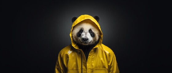 Panda wearing yellow raincoat