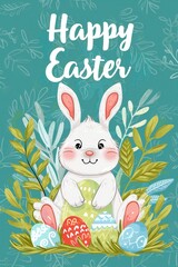 Canvas Print - happy easter bunny illustration on neutral background with cute easter eggs