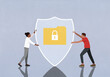 © fStop - Couple placing shield over padlocked digital file folder