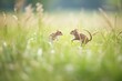 two voles chasing each other in a field