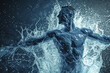 Athletic male figure surrounded by splashes of water, concept of strength, freedom, energy, freshness.