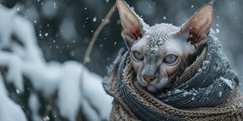 Poster - A cozy cat wrapped up in a blanket, enjoying the snow. Perfect for winter-themed projects