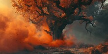 A Picture Of A Large Tree With Orange Smoke Emanating From It. This Image Can Be Used To Depict An Eerie Or Mysterious Atmosphere