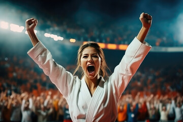 karate woman in a white uniform rejoices after winning a tournament in a stadium filled with spectators