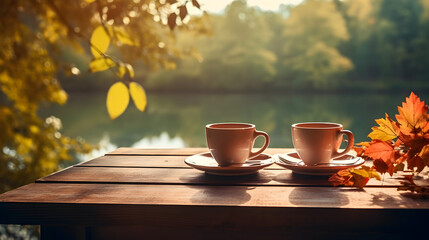 Two tea cups and fall leaves on wooden table with beautiful autumn forest lake in the background