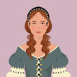 a young woman in a historical costume and a wig from the Middle Ages.  flat illustration. An avatar for a social network.