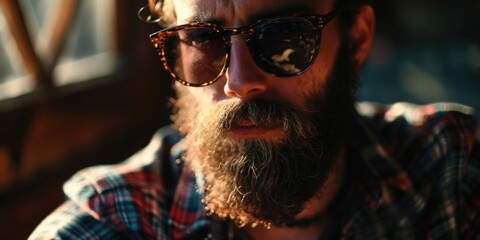 Wall Mural - A man with a beard wearing sunglasses and a plaid shirt. This versatile image can be used in various contexts