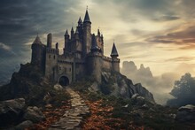 Photo Of A Spooky Haunted Castle On A Hilltop. Generative AI