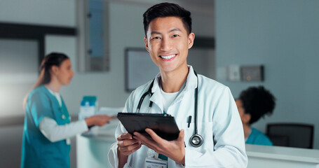 Poster - Tablet, healthcare doctor and happy Asian man with online research, medicine study and wellness test results. Hospital web info, portrait and nurse with job experience, career smile and confidence