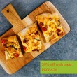 Composite of 20 percent off with code 20pizza text over wood board with pizza