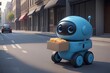Smiling AI courier robot depicted in a child-friendly city street illustration.