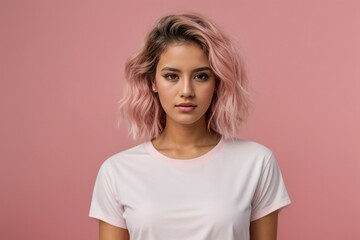 a woman with pink hair wearing a white shirt. Generative AI