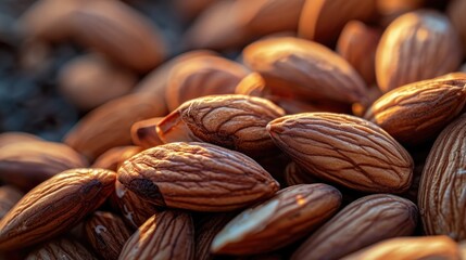 Poster - A pile of almonds stacked on top of each other. Can be used to showcase healthy snacks or for recipes involving almonds