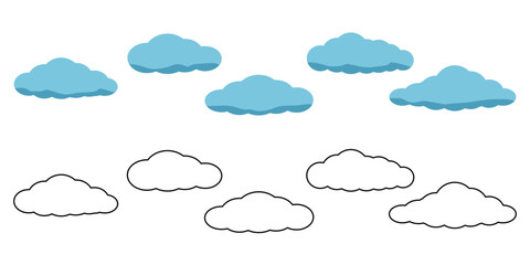Wall Mural - Simple clouds collection – Minimalist blue clouds with 3D effect and Black outline-only clouds