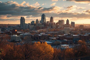 Wall Mural - A scenic view of a city as seen from the top of a hill. Ideal for travel brochures and cityscape illustrations