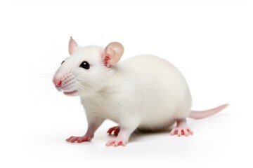 Wall Mural - A white rat is standing on a white surface. Laboratory animal, testing model for research.