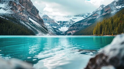 Canvas Print - A serene and breathtaking view of a large body of water surrounded by majestic mountains. Perfect for travel brochures, nature magazines, and outdoor adventure websites