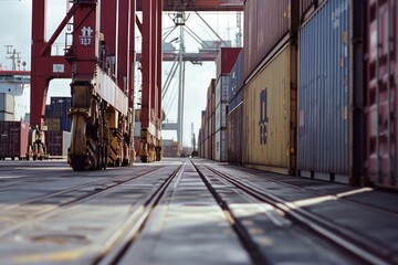 Sticker - A train is pictured traveling down train tracks next to a tall red structure. This image can be used to depict transportation, industrial landscapes, or urban environments