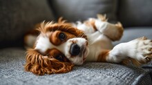 A Photo Of A Cute Red And White Cavalier King Charles Spaniel Puppy Lying At Home On The Couch