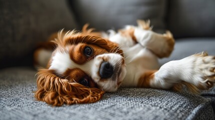 A photo of a cute red and white Cavalier King Charles Spaniel puppy lying at home on the couch