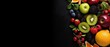 top view of fresh fruits, vegetables and berries on black background, Generative AI.