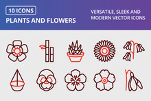 Plants And Flowers Thick Line Two Colors Icons Set