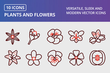 Plants And Flowers Thick Line Two Colors Icons Set