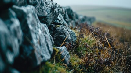 Poster - A picture of a stone wall with grass growing on top. Perfect for adding a rustic touch to any design project