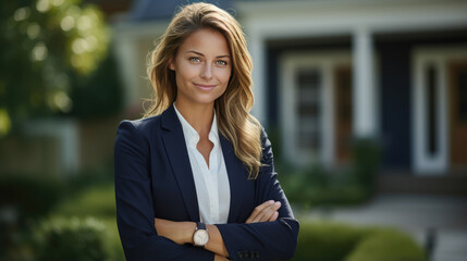 A woman in a business suit on the background of a house.