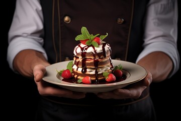 Wall Mural - Chef holding plate with tasty dessert