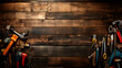 Background concept many handy tools on wooden background, space for text