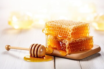 Wall Mural - Honeycomb with honey and honey dipper on wooden background
