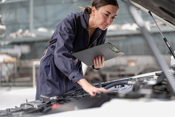 Auto mechanic in uniform service car engine in workshop garage. Skill female repairman using tool repair maintenance vehicle automobile. Young adult technician working examining in transportation shop