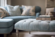 Pale blue sitting room decor, interior design and house improvement, living room furniture, sofa and home decor in country house and elegant cottage style, generative ai