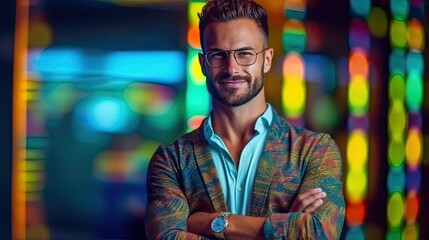 Wall Mural -  Smiling man with arms crossed portrait in neon lights. Business man isolated on multicolored neon background. 