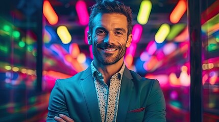 Wall Mural -  Smiling man with arms crossed portrait in neon lights. Business man isolated on multicolored neon background. 