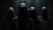 Group of mystery people in black clothes with hood symbolize the anonymity. AI generated