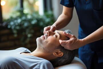 Therapist giving a head massage to a relaxed male patient.